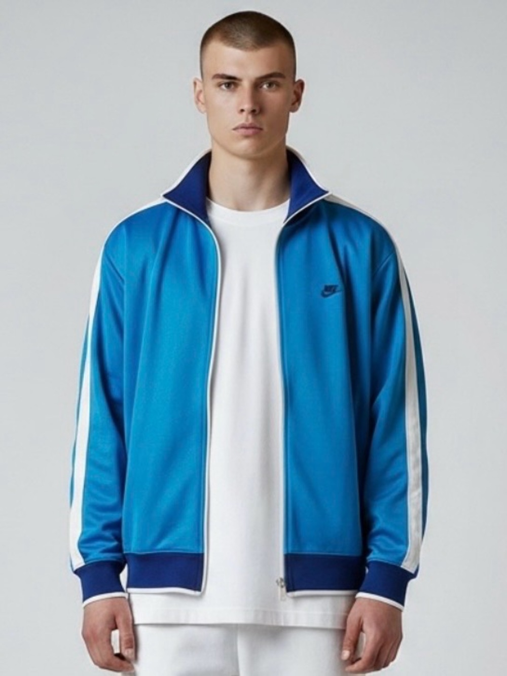 Vintage Retro Nike Blue Track Jacket White Sleeve Stripes Drill Y2K ACG TN Tech